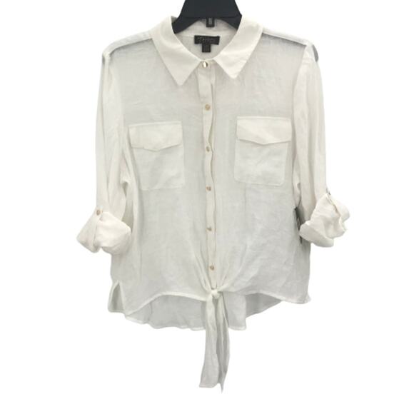 Thalia Sodi Front Button knot Tie Blouse Shirt Top Roll Tab Sleeves White Large - Picture 1 of 5